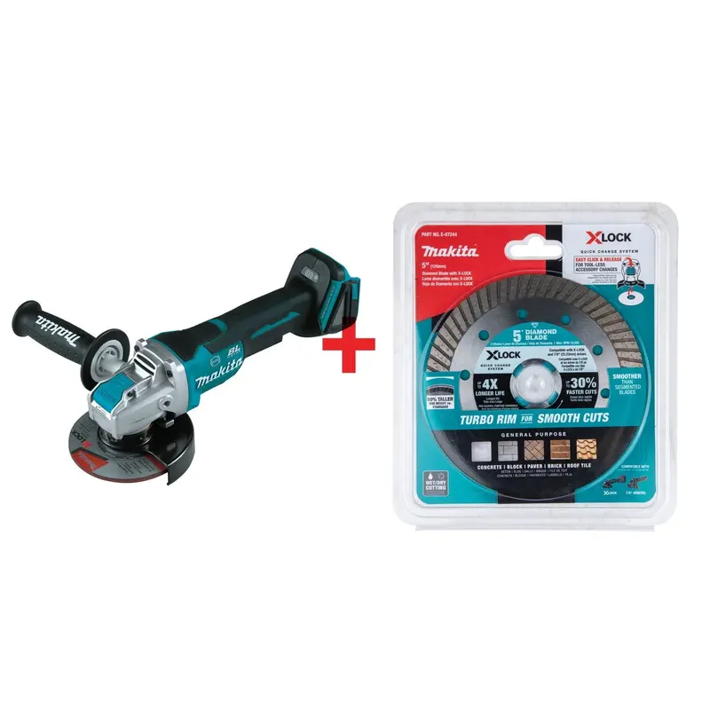 Makita 18V LXT Lithium-Ion Brushless Cordless 4-1/2 / 5-Inch Paddle Switch X-LOCK Angle Grinder ( Bare Tool) plus 5-Inch Turbo Rim Diamond Blade