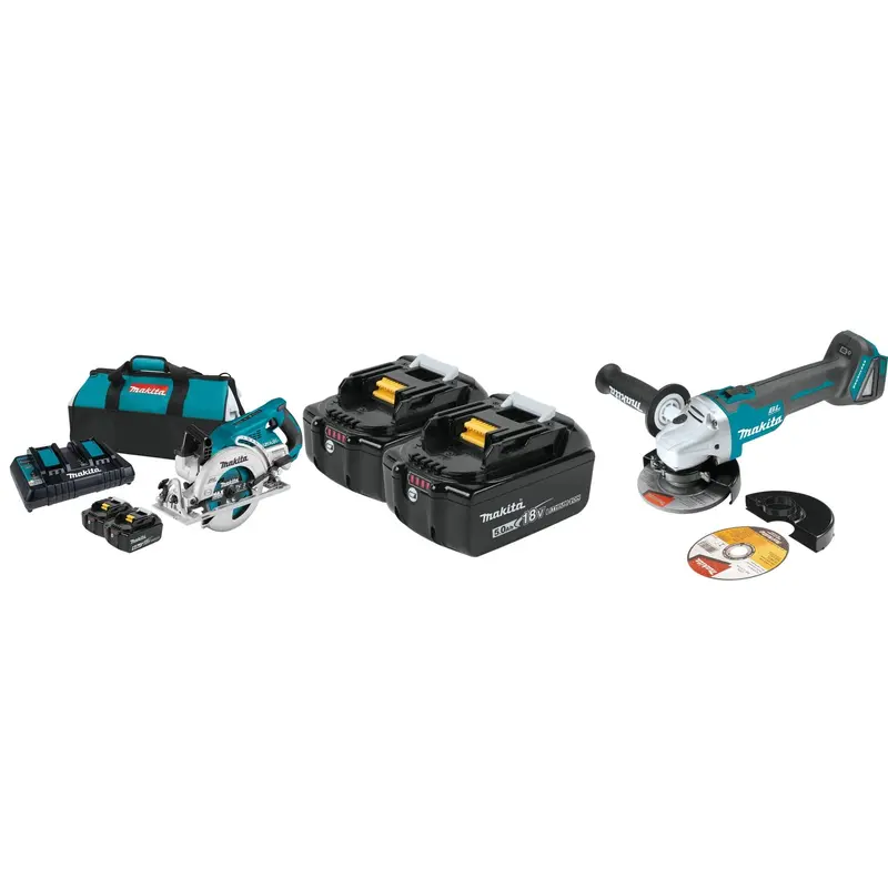 Makita 18V LXT X2 (36V) Rear Handle Circular Saw 5.0Ah Kit with Cordless Cut-Off/Angle Grinder 4-Pack Batteries