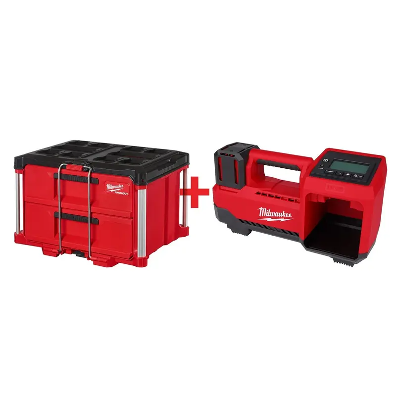 Milwaukee PACKOUT 2-Drawer Tool Box with M18 Compact Tire Inflator (Bare Tool)