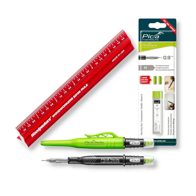 Woodpeckers 6 in. Woodworkers Edge Rule with Pica Fine Dry 7070 Longlife Automatic Pencil and Graphite Lead H SB, 0.9