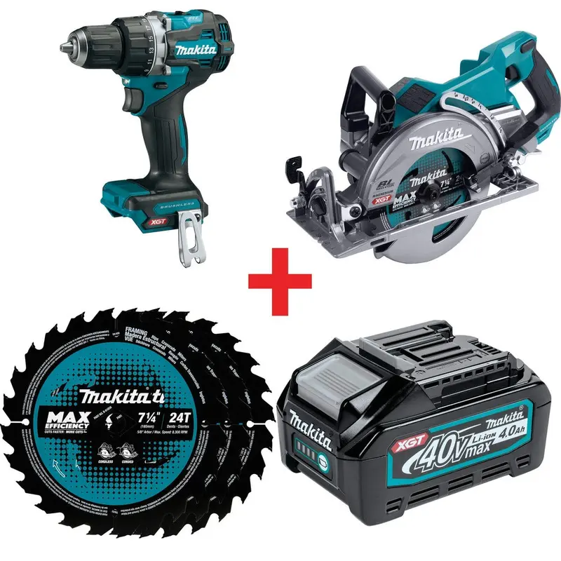 Makita 40V max XGT Brushless 1/2-Inch Driver-Drill, Brushless 7-1/4 Circular Saw, 24T Framing Blades 3-Pack and 4.0Ah Battery