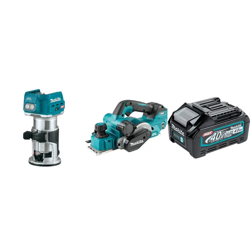 Makita 40V max XGT Brushless Cordless Compact Router, 40V MAX XGT Brushless Cordless 3-1/4" Planer, AWS Capable, and 40V max XGT 4.0Ah Battery