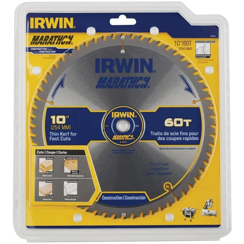 Irwin 14074 MARATHON Miter/Table Carbide Saw Blade 10-in. 60-Tooth 5/8-in. Diamond Arbor