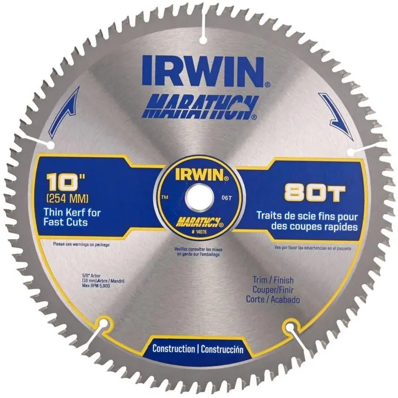 Irwin 14076 MARATHON Miter/Table Carbide Saw Blade 10-in. 80-Tooth 5/8-in. Diamond Arbor
