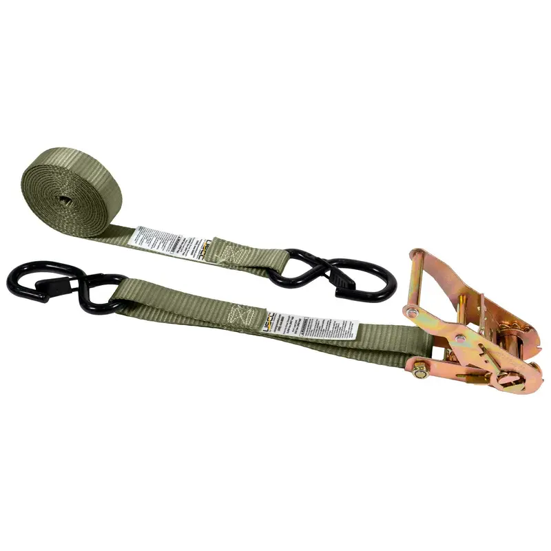 1" x 8' Olive Ratchet Strap w/ Vinyl Coated S-Hooks and Keepers