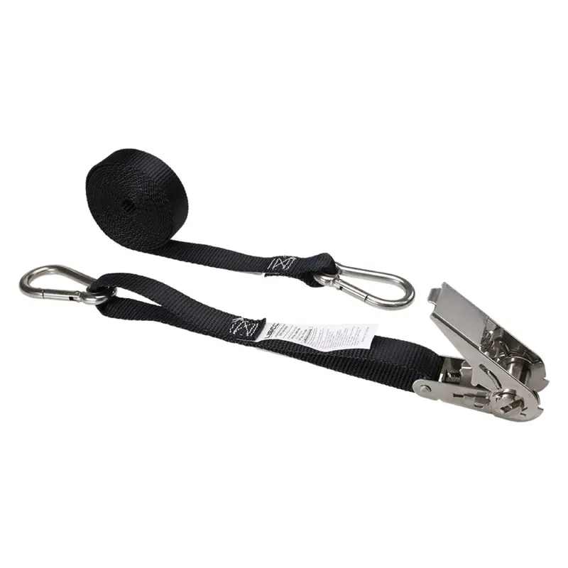 1" x 10' Black Stainless Steel Thumb Ratchet Strap w/ Carabiner Clips
