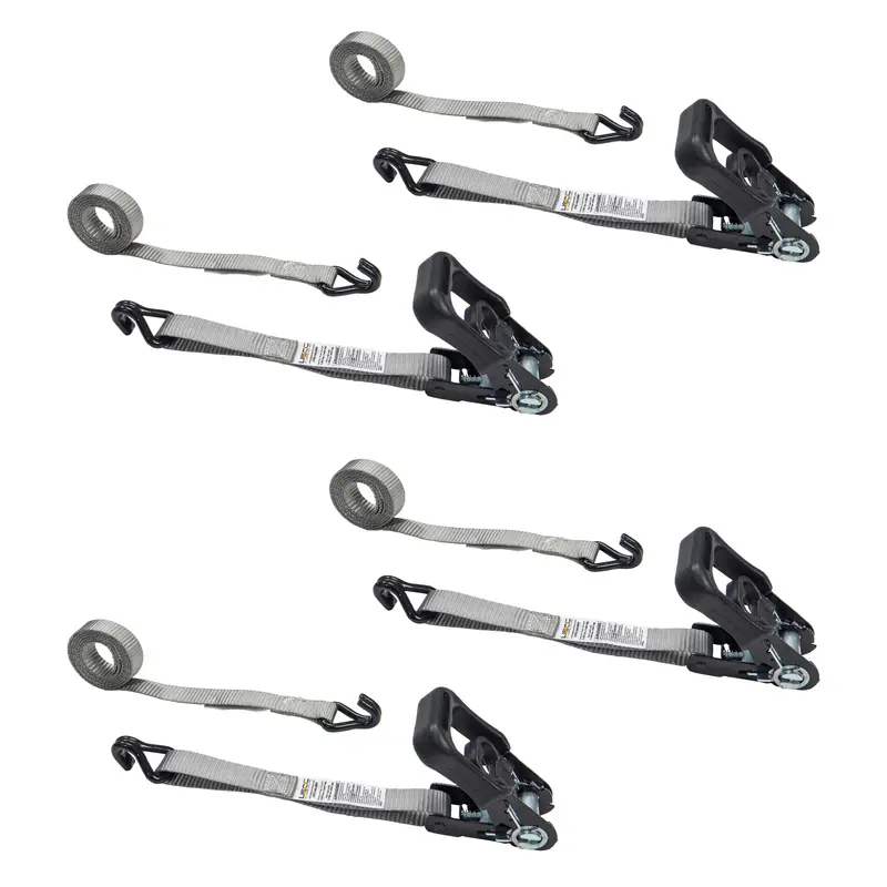 1" x 6' Rubber Coated Ratchet Strap w/ Vinyl Coated Wire Hooks - 4 Pack