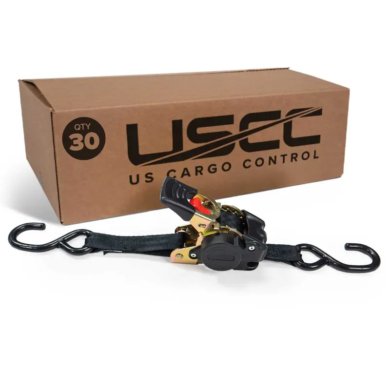 1" x 6' Retractable Ratchet Strap w/ Vinyl Coated S-Hooks and Push Button Release | 30-Pack