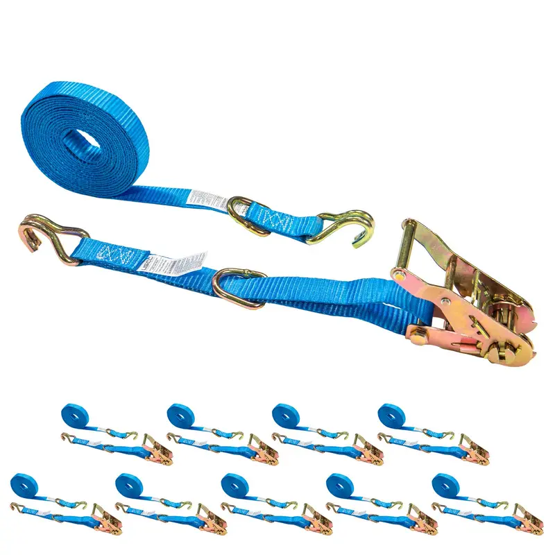 1" x 20' Ratchet Strap w/ J-Hook & D-Ring | 10-Pack