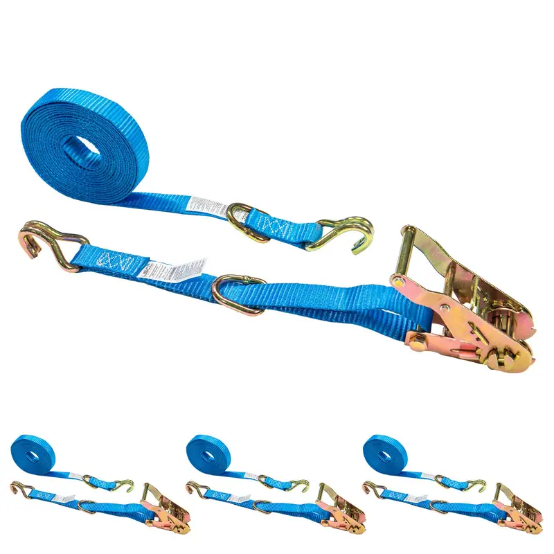 1" x 15' Ratchet Strap w/ J-Hook & D-Ring | 4-Pack